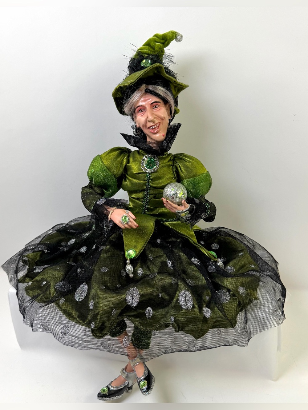 Vintage Halloween Witch Shelf Sitter Poseable Wired Arms Legs Crystal Ball Green